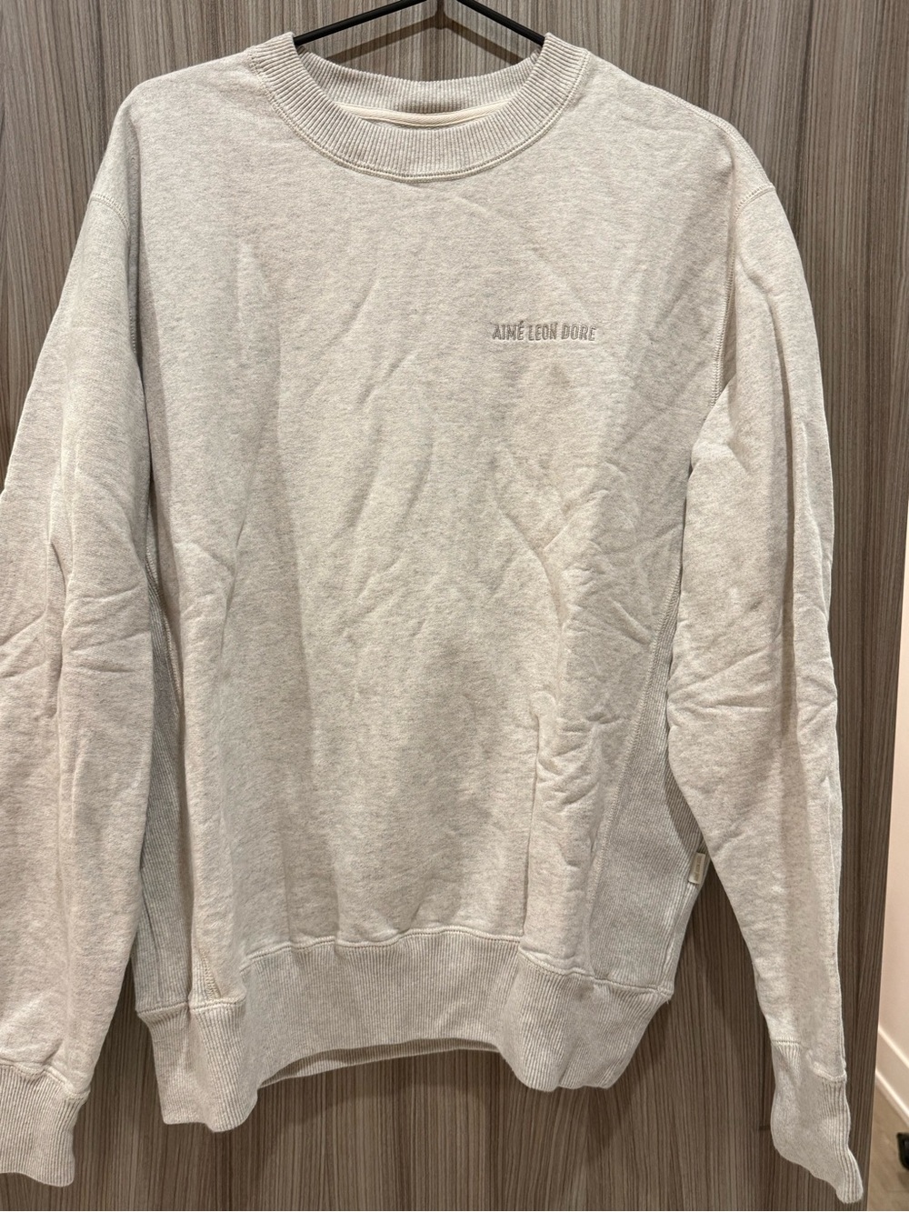 Aimé Leon Dore Embroidered Logo Crewneck Sweater – Oatmeal Heather Grey - Size L